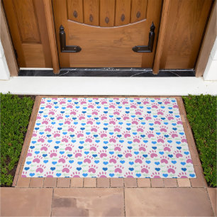 Pink Cat Paws Blue Hearts Green Meow Pattern Doormat