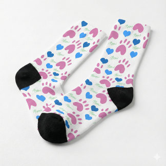 Pink Cat Paws Blue Hearts Green Meow Pattern Socks