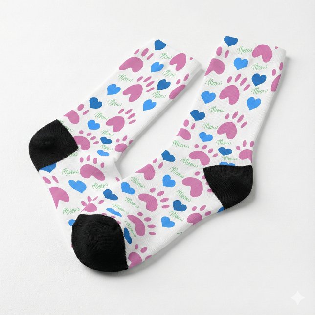 Pink Cat Paws Blue Hearts Green Meow Pattern Socks (A pair of socks with a pattern of cat paws, hearts and meow in pink, green and blue.)