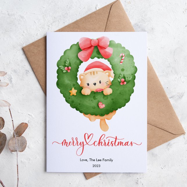 Pink Cat Pet Lover Christmas Flat Holiday Card (Creator Uploaded)