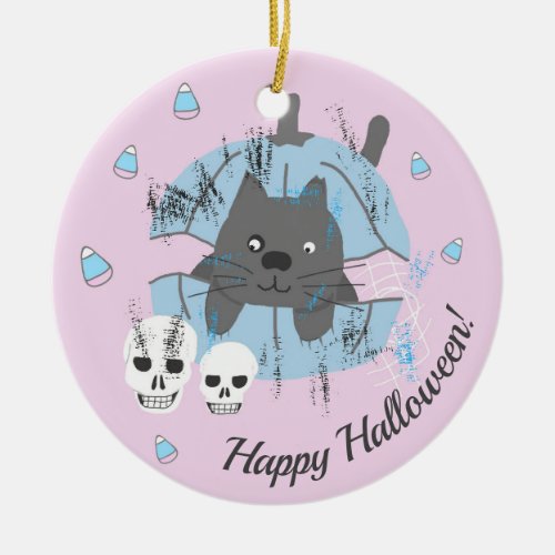 Pink Cat Pumpkin Skulls Candy Corn Halloween Ceramic Ornament