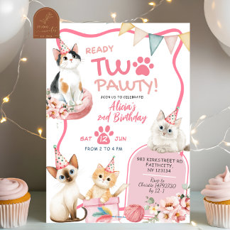 Pink Cat Ready Two Pawty 2nd Birthday Invitation