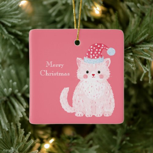 Pink Cat Red Christmas Hat Ceramic Ornament