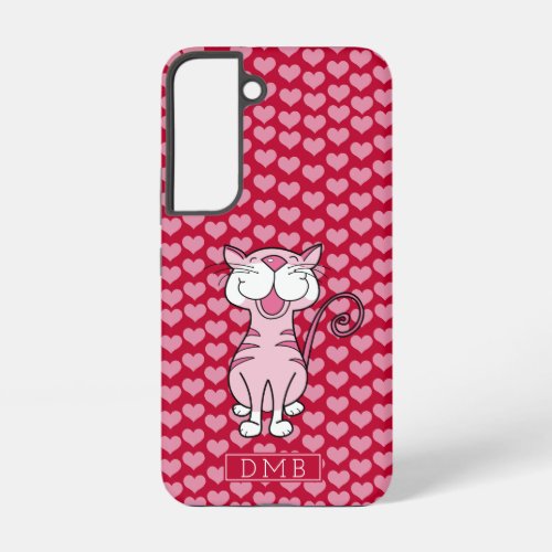  Pink Cat Red Hearts Pattern Monogram  Samsung Galaxy S22 Case
