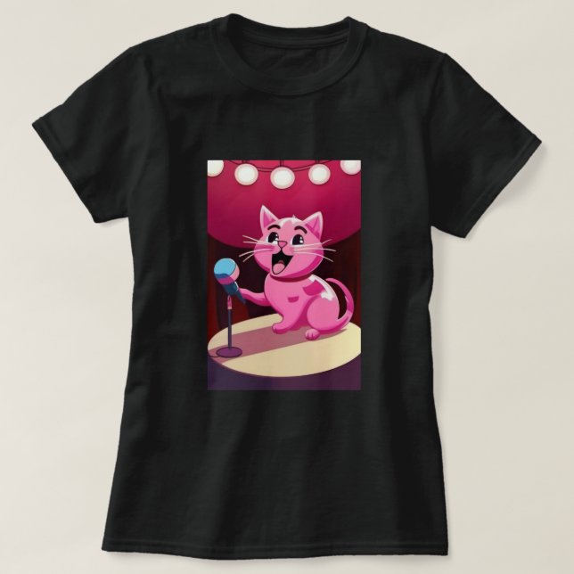 Pink Cat Singing  T-Shirt (Design Front)