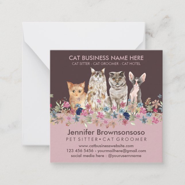 Pink Cat Sitting Groomer Petshop Service Note Card (Front)