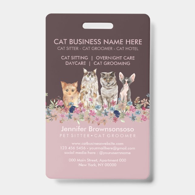 Pink Cat Sitting Grooming Badge (Front)