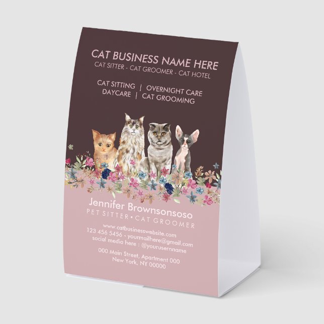 Pink Cat Sitting Service Vet Paper Table Tent (Front)