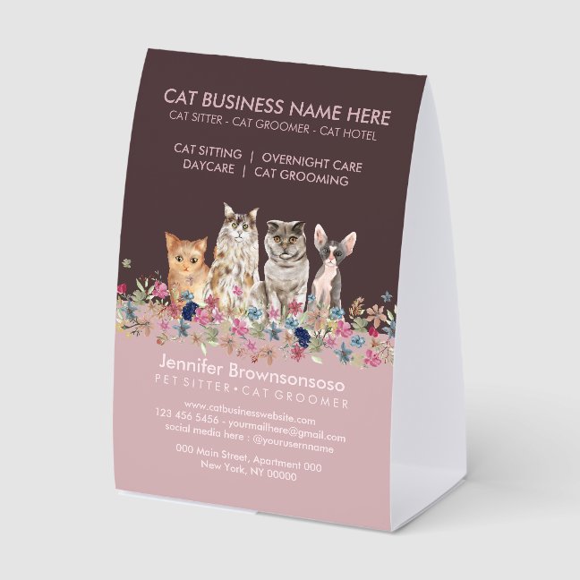 Pink Cat Sitting Service Vet Paper Table Tent