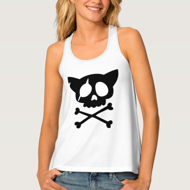 Pink Cat Skull and Crossbones Graphic Tank Top (Front)