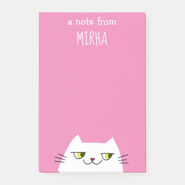 Pink Cat Sticky Notes Custom Name Cute Kawaii (Front)