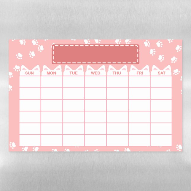 Pink Cat Theme Blank Monthly Calendar Magnetic Dry Erase Sheet (Horizontal)