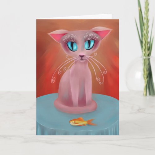 Pink Cat with a Goldfish on a Blue Table Card