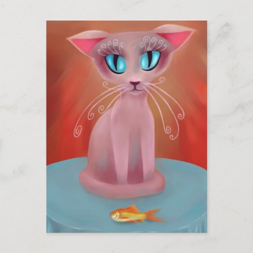 Pink Cat with a Goldfish on a Blue Table Card