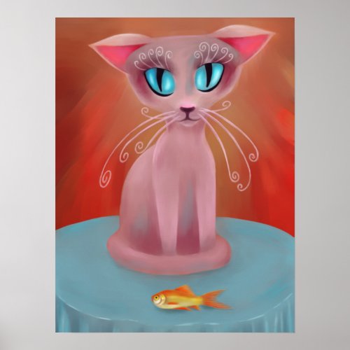 Pink Cat with a Goldfish on a Blue Table Card Poster