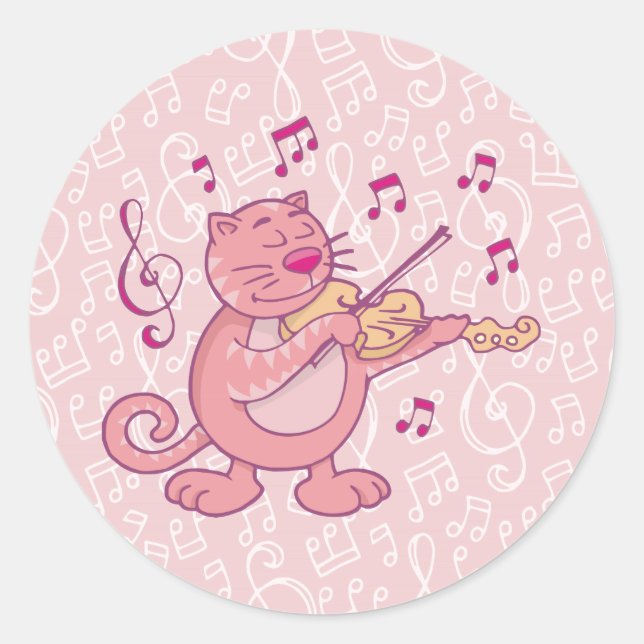 Pink Cat with Violin Classic Round Sticker (Front)