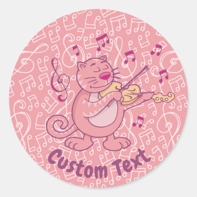 Pink Cat with Violin Classic Round Sticker (Front)