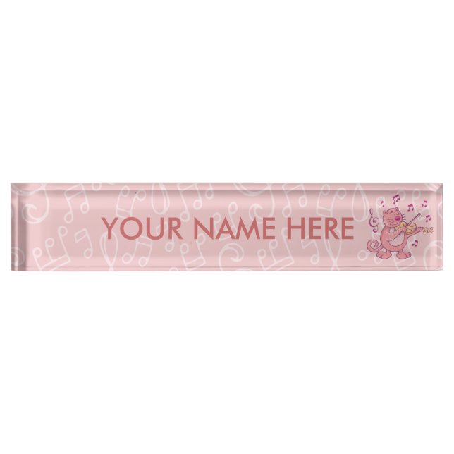 Pink Cat with Violin Desk Name Plate (Front)