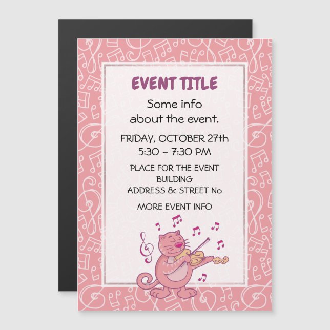 Pink Cat with Violin Magnetic Invitation (Front/Back)