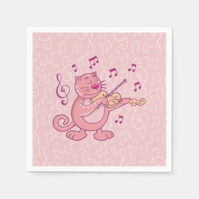 Pink Cat with Violin Paper Napkins (Front)