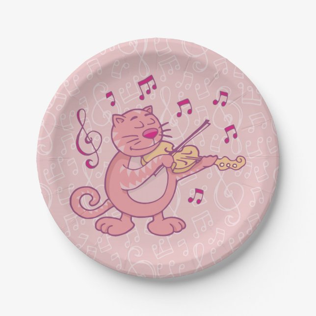 Pink Cat with Violin Paper Plates (Front)