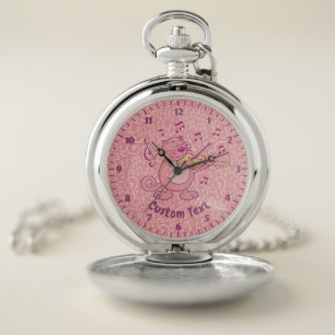 Pink Cat with Violin Pocket Watch