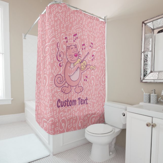 Pink Cat with Violin Shower Curtain (In Situ)
