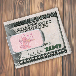 Pink Cat with Violin Silver Finish Money Clip