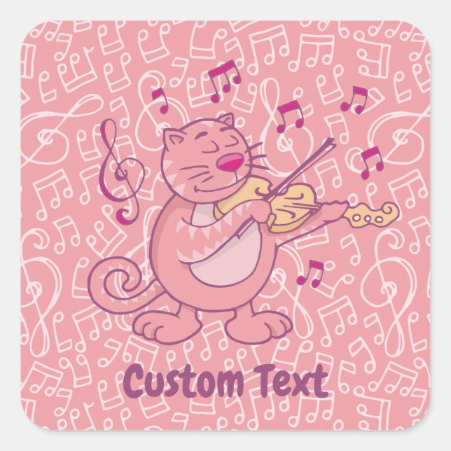 Pink Cat with Violin Square Sticker (Front)