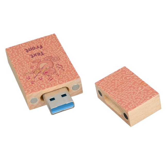 Pink Cat with Violin Wood USB Flash Drive (Angled)