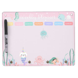 Pink Caticorn Meowmaid Sea Weekly Planner Dry Erase Board With Keychain Holder