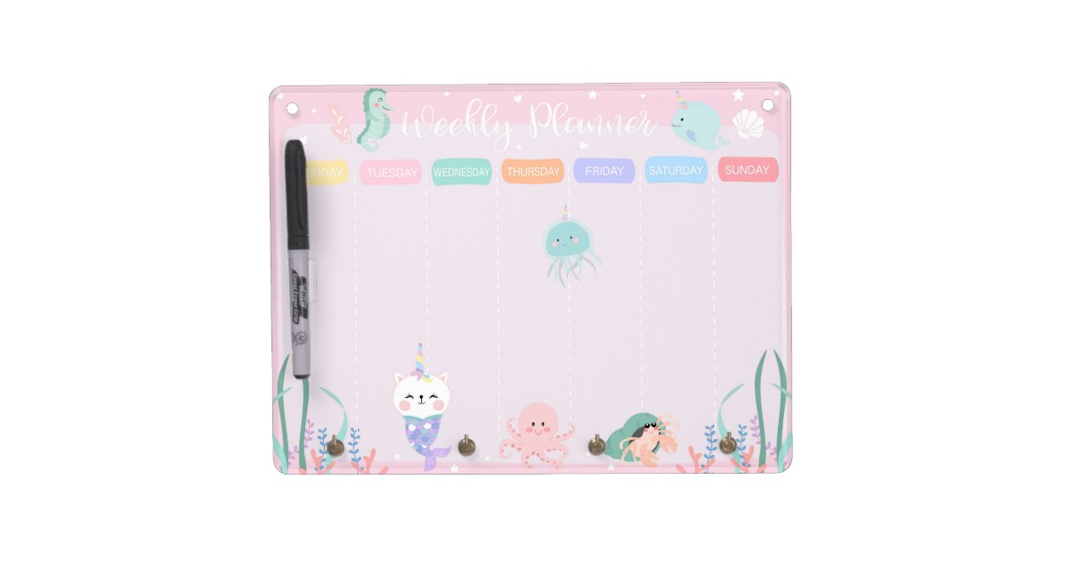 Pink Caticorn Meowmaid Sea Weekly Planner Dry Erase Board With Keychain ...