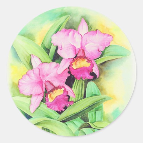 Pink Catleya Orchid Flower Art _ Multi Classic Round Sticker