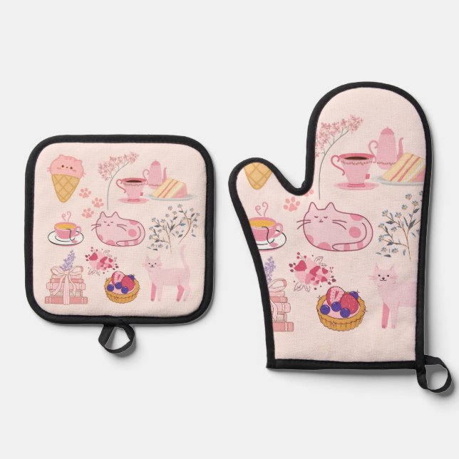 Pink Cats Coziness Oven Mitt & Pot Holder Set (Front)