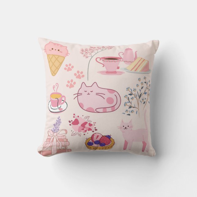  Pink Cats Coziness Throw Pillow (Front)