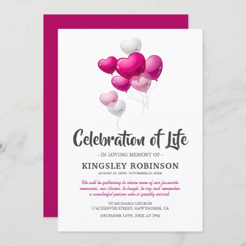 Pink Celebration of Life Funeral Invitation