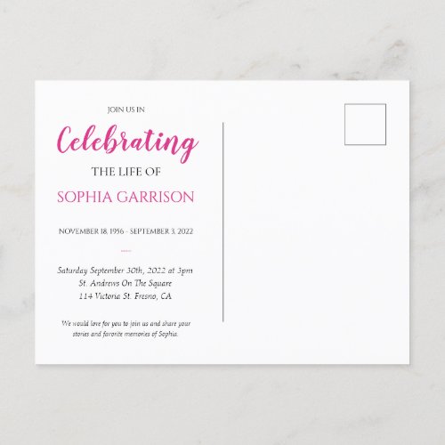 Pink Celebration of Life Photo Funeral Invite