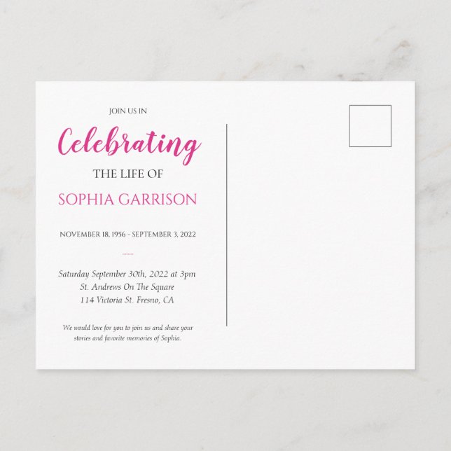 Pink Celebration of Life Photo Funeral Invite (Back)