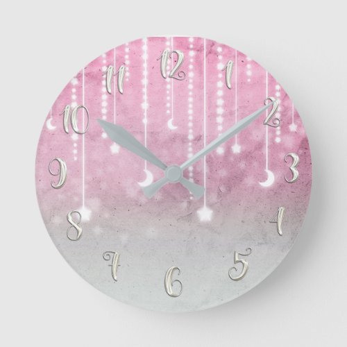 Pink Celestial Glow Stars  Moon Personalized Round Clock