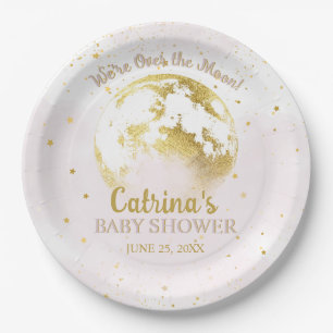 Pink Celestial Over the Moon and Stars Baby Shower Paper Plates