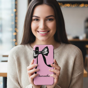 Pink Cell Phone Case with Black Bow and CustomName