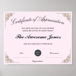 Pink Certificate of Appreciation Custom Logo Poster