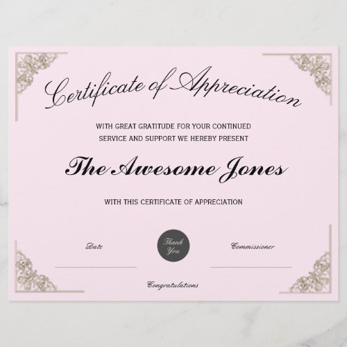 Pink Certificate of Appreciation w Custom Logo