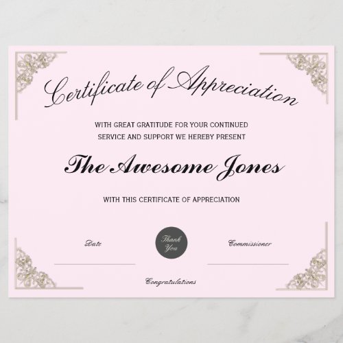 Pink Certificate of Appreciation w Custom Logo