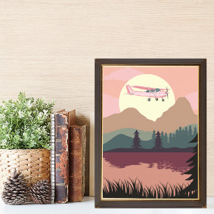 Pink Cessna Airplane Flying Sunset Lake Forest Fun Poster