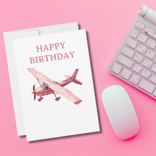 Pink Cessna Airplane Watercolor Fun Birthday Holiday Card