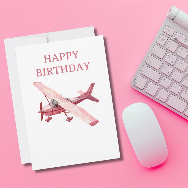 Pink Cessna Airplane Watercolor Fun Birthday Holiday Card (Creator Uploaded)
