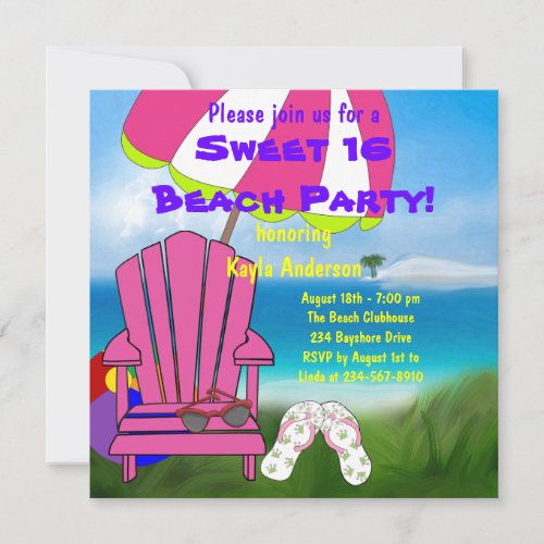 Pink Chair Flip Flops Sweet 16 Beach Party Invitation
