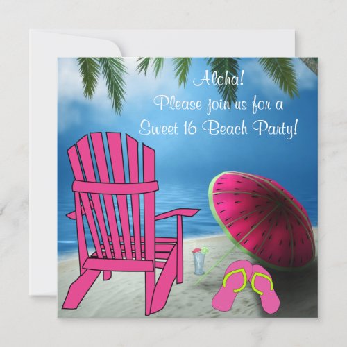 Pink Chair Flip Flops Sweet 16 Beach Party Invitation