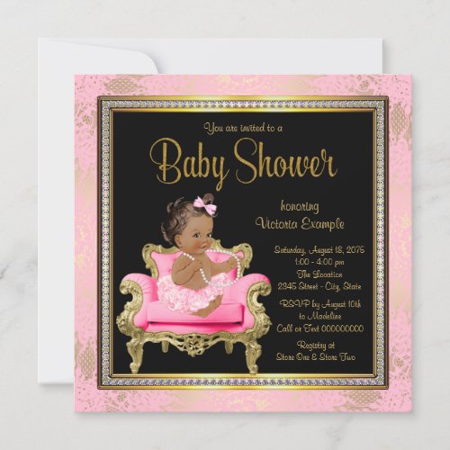 Pink Chair Lace Pearls Ethnic Girl Baby Shower Invitation